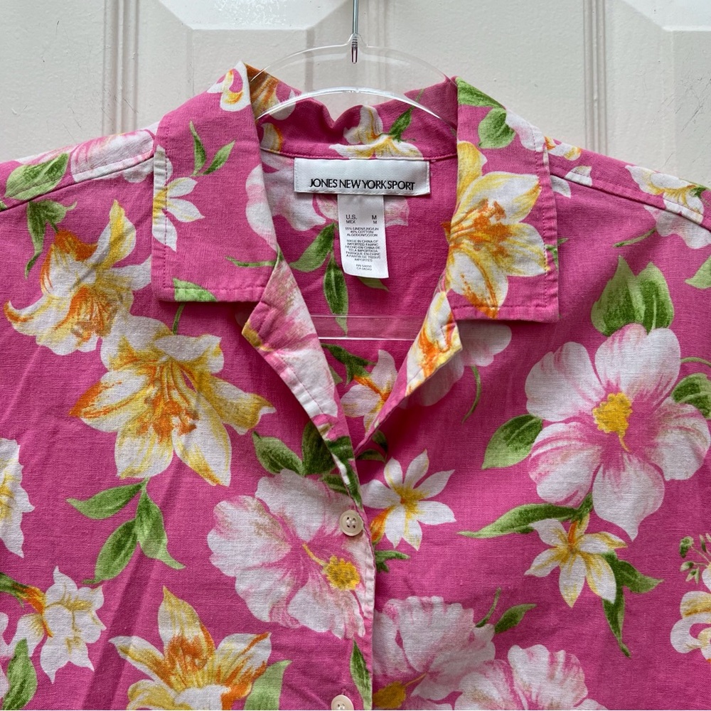 Vintage 90s Linen-Blend Pink Floral Hawaiian Blouse Tropical Lilly Tiki Barbie - Picture 4 of 8